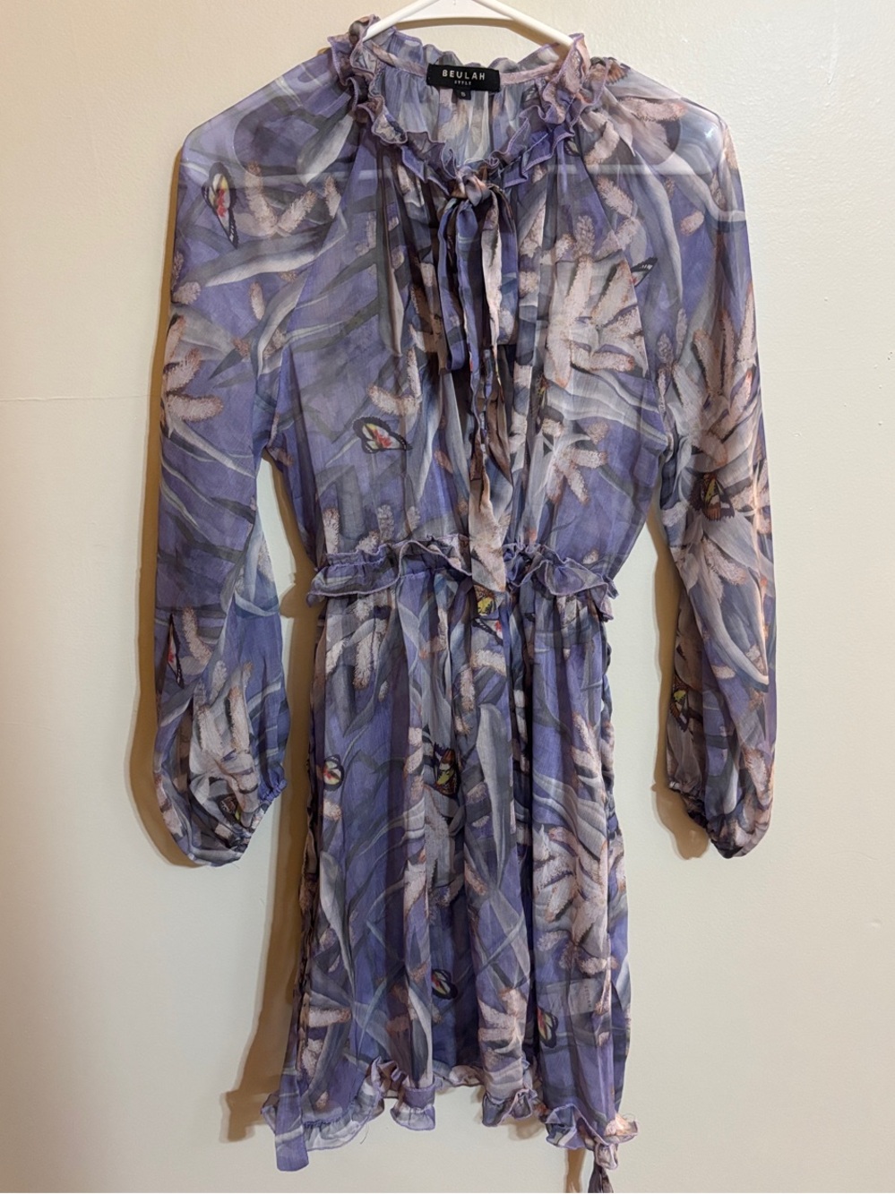 Beulah Lavender Sheer Floral and Butterfly Long Sleeve Dress (small)